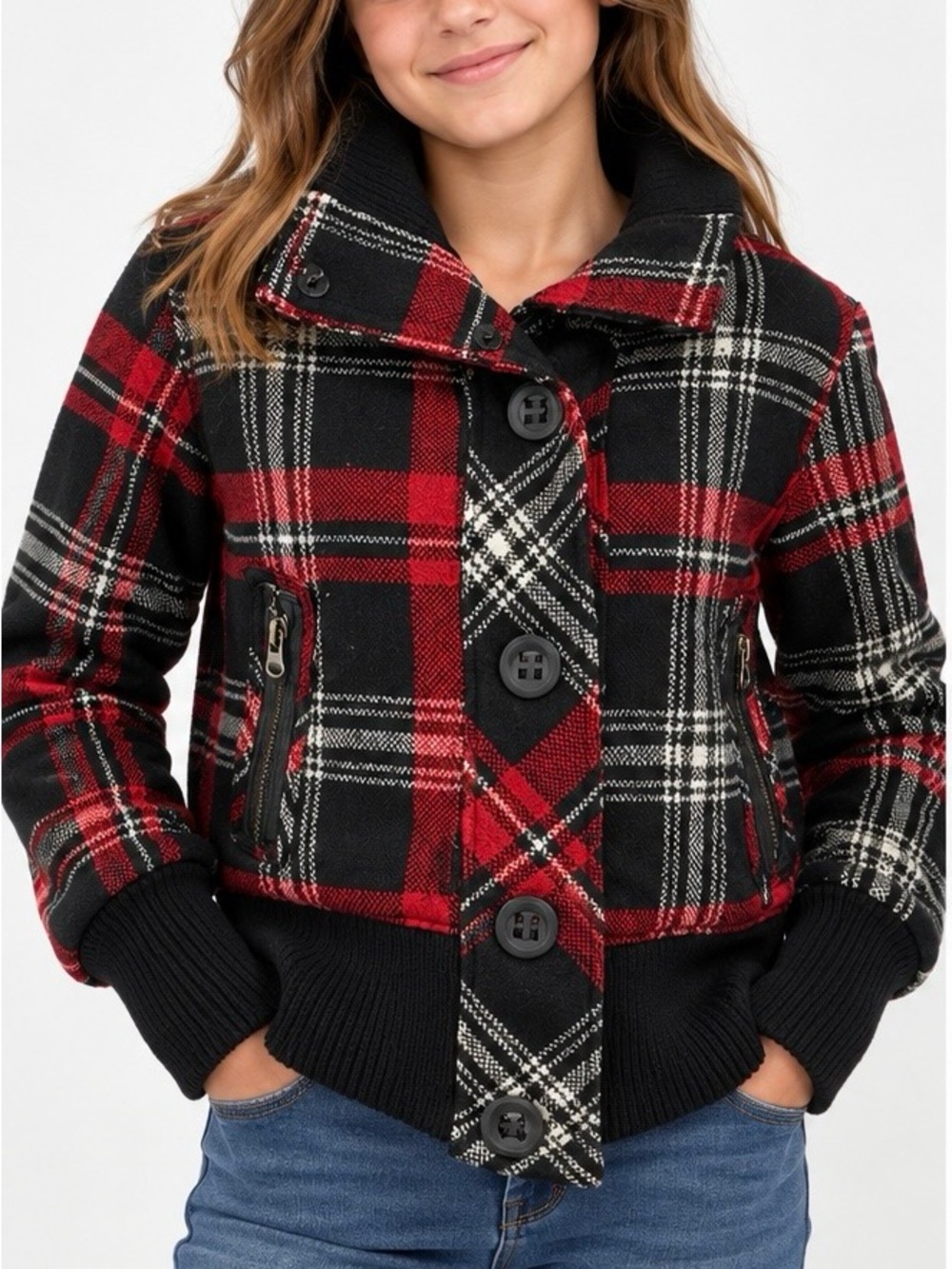 Nevada Girls Plaid Wool Blend Bomber Jacket – Large/12–14 | Red/Black/Grey